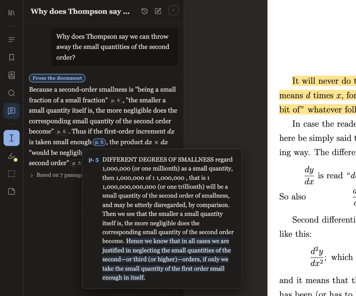 The Ask panel answering why second-order small quantities can be ignored. The pointer rests on a p. 5 citation chip, and a preview shows the quoted passage from page 5.