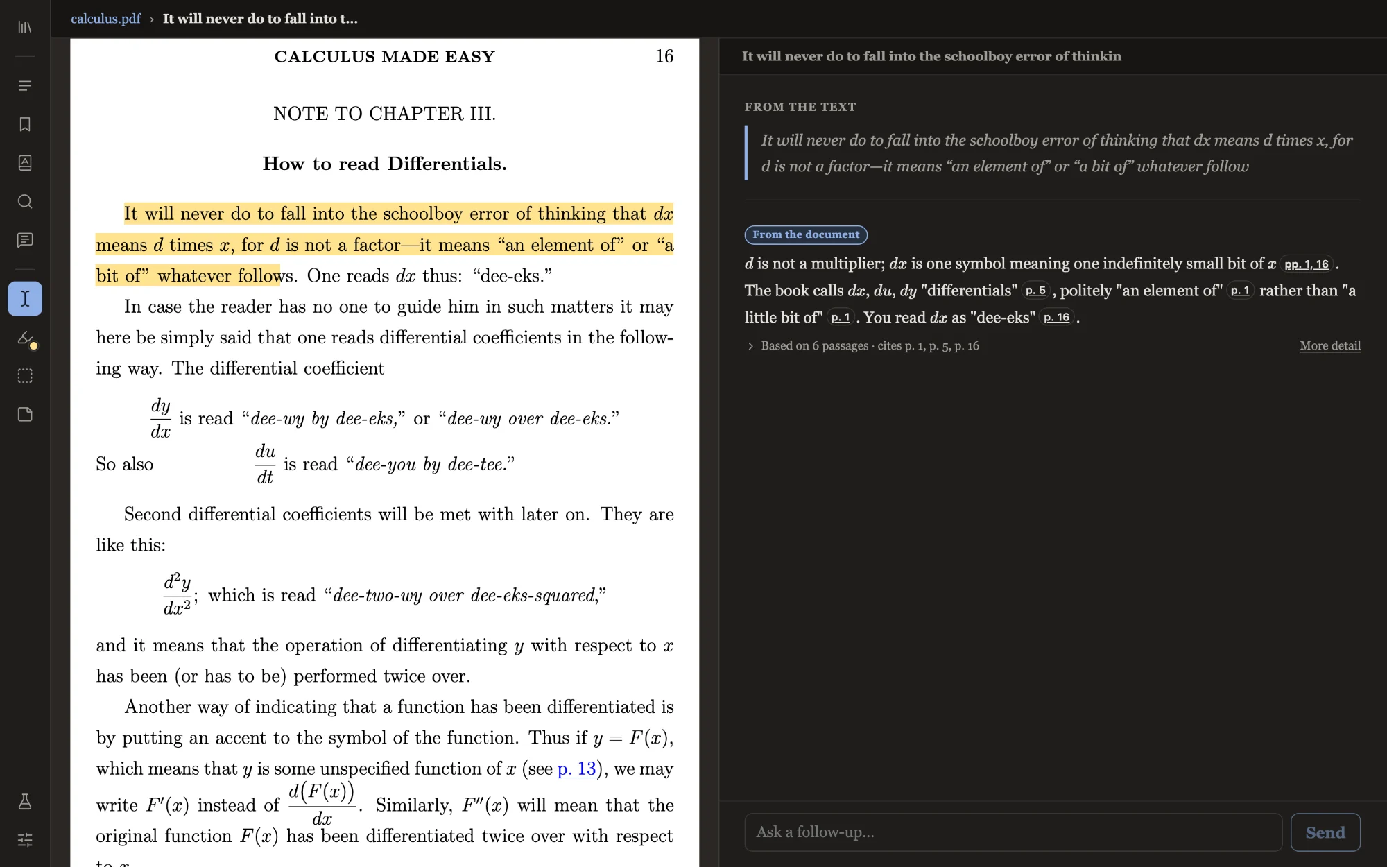 Knowbel Reader with a page of Calculus Made Easy on the left. A highlighted sentence about reading dx has been sent to Deep Dive, and the panel on the right explains it, with page citations after each claim.