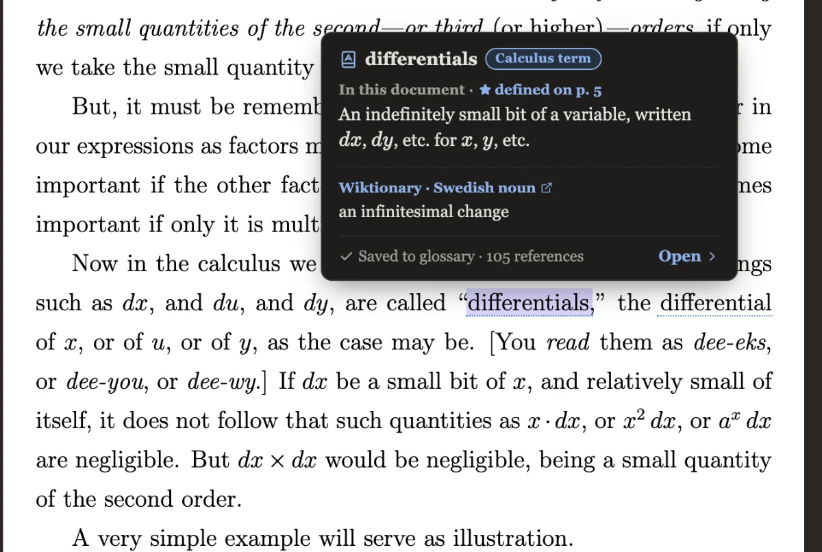 A glossary card for the term differentials, giving the book's own definition, noting it is defined on page 5, and counting 105 references.
