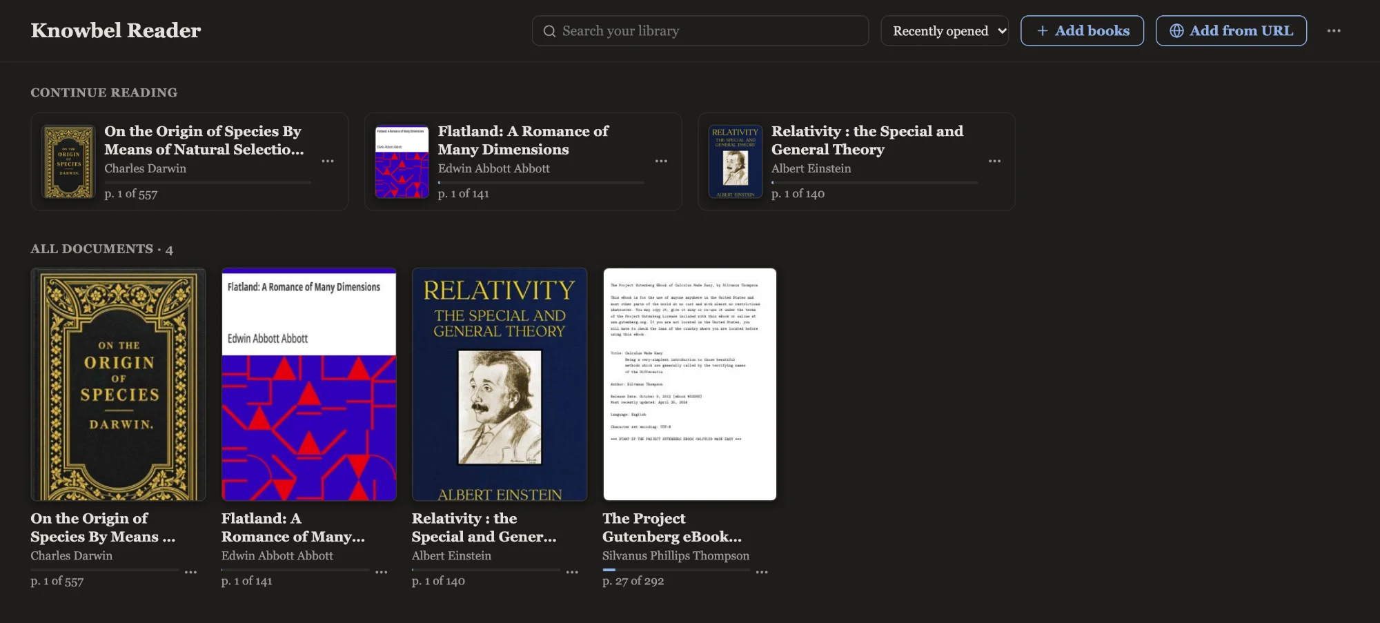 The library, showing covers for On the Origin of Species, Flatland, Relativity and Calculus Made Easy, with a Continue reading row above.